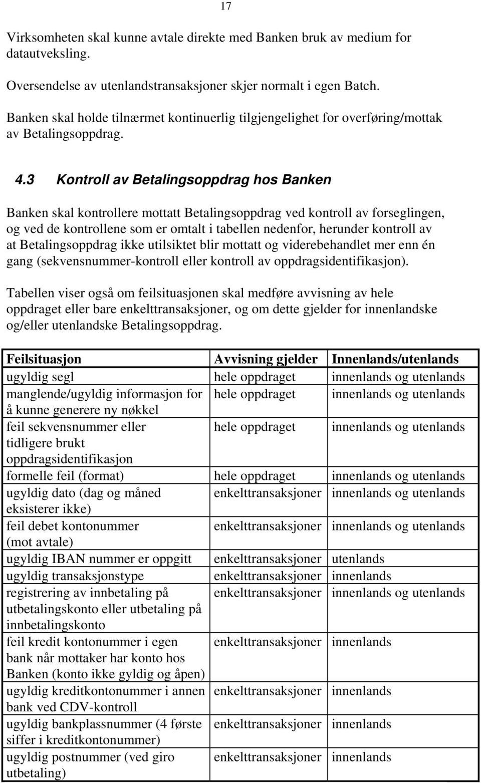 3 Kontroll av Betalingsoppdrag hos Banken Banken skal kontrollere mottatt Betalingsoppdrag ved kontroll av forseglingen, og ved de kontrollene som er omtalt i tabellen nedenfor, herunder kontroll av