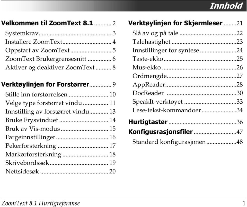 .. 15 Fargeinnstillinger... 16 Pekerforsterkning... 17 Markørforsterkning... 18 Skrivebordssøk... 19 Nettsidesøk... 20 Verktøylinjen for Skjermleser...21 Slå av og på tale...22 Talehastighet.