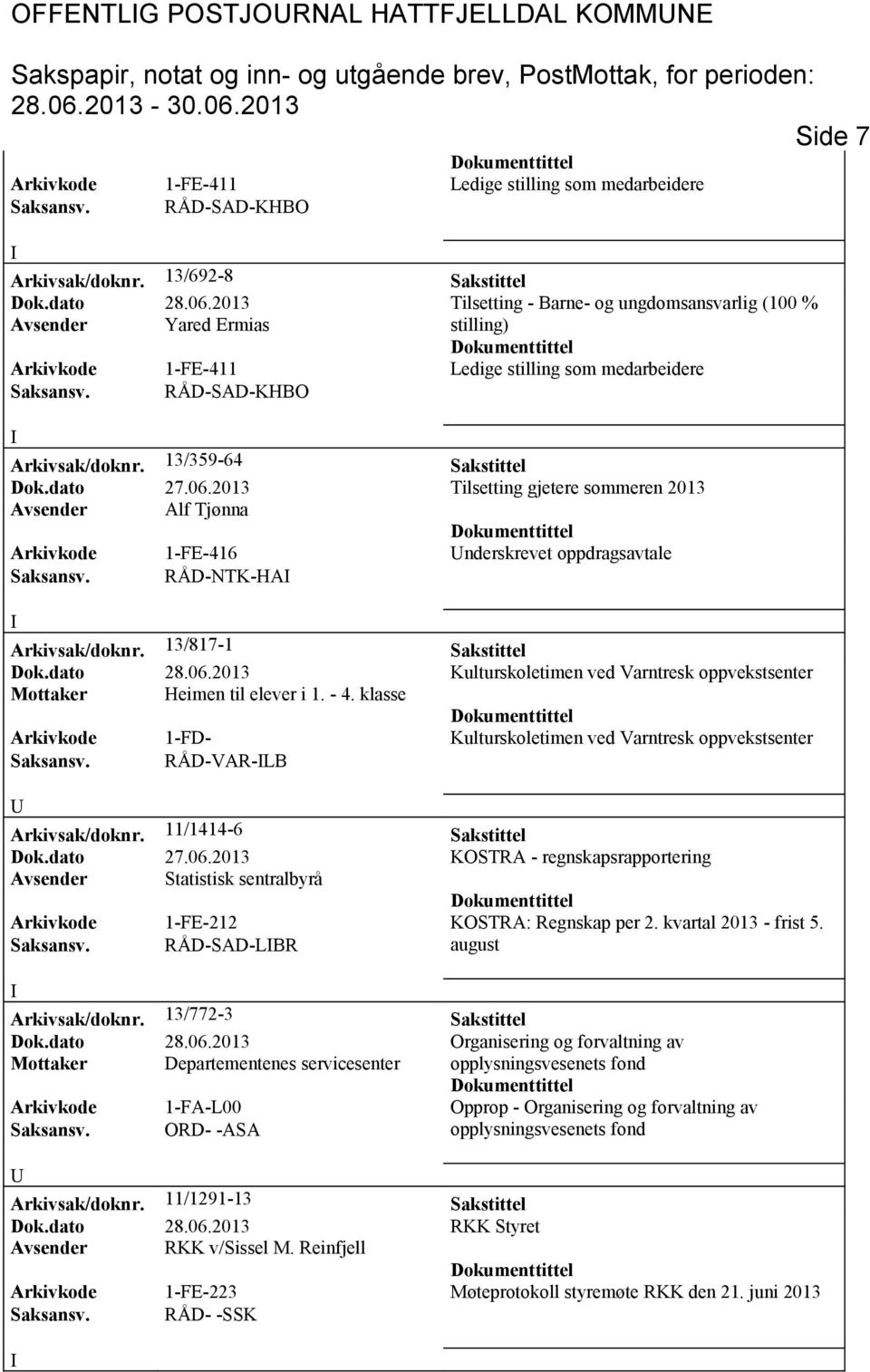 2013 Tilsetting gjetere sommeren 2013 Avsender Alf Tjønna Arkivkode 1-FE-416 nderskrevet oppdragsavtale Saksansv. RÅD-NTK-HA Arkivsak/doknr. 13/817-1 Sakstittel Dok.dato 28.06.