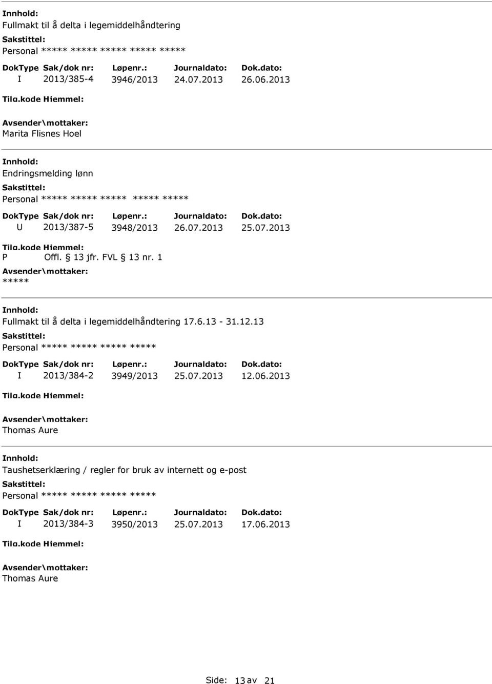 2013 Fullmakt til å delta i legemiddelhåndtering 17.6.13-31.12.13 ersonal 2013/384-2 3949/2013 25.07.