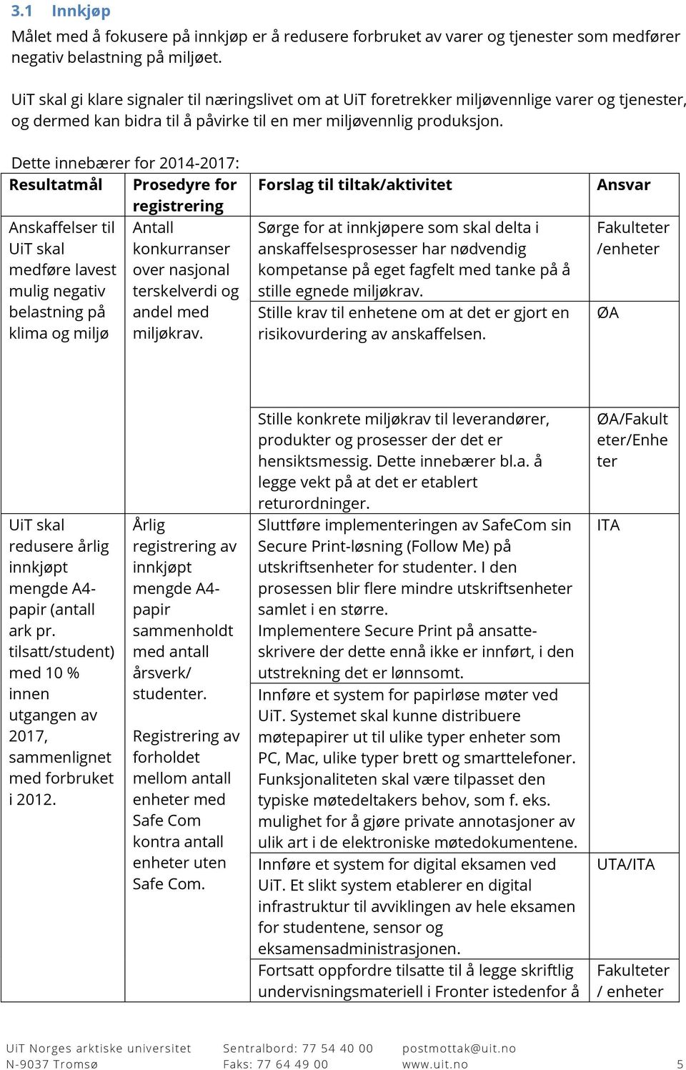 Dette innebærer for 2014-2017: Resultatmål Prosedyre for Anskaffelser til UiT skal medføre lavest mulig negativ belastning på klima og miljø Antall konkurranser over nasjonal terskelverdi og andel