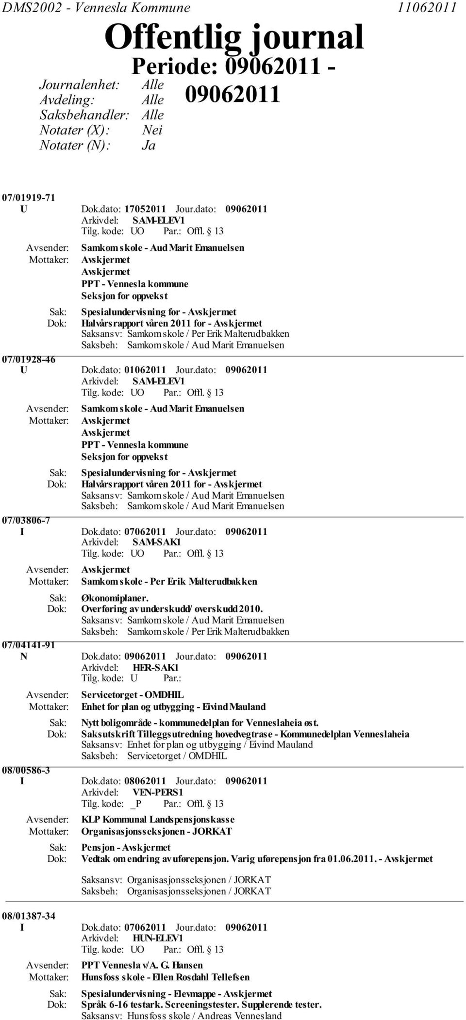 dato: Samkom skole - Aud Marit Emanuelsen Spesialundervisning for - Halvårsrapport våren 2011 for - 07/03806-7 I Dok.dato: 07062011 Jour.