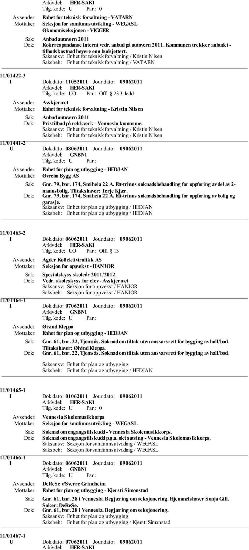 dato: 11052011 Jour.dato: Tilg. kode: UO Par.: Offl. 23 3. ledd Enhet for teknisk forvaltning - Kristin Nilsen Anbud autovern 2011 Pristilbud på rekkverk - Vennesla kommune.