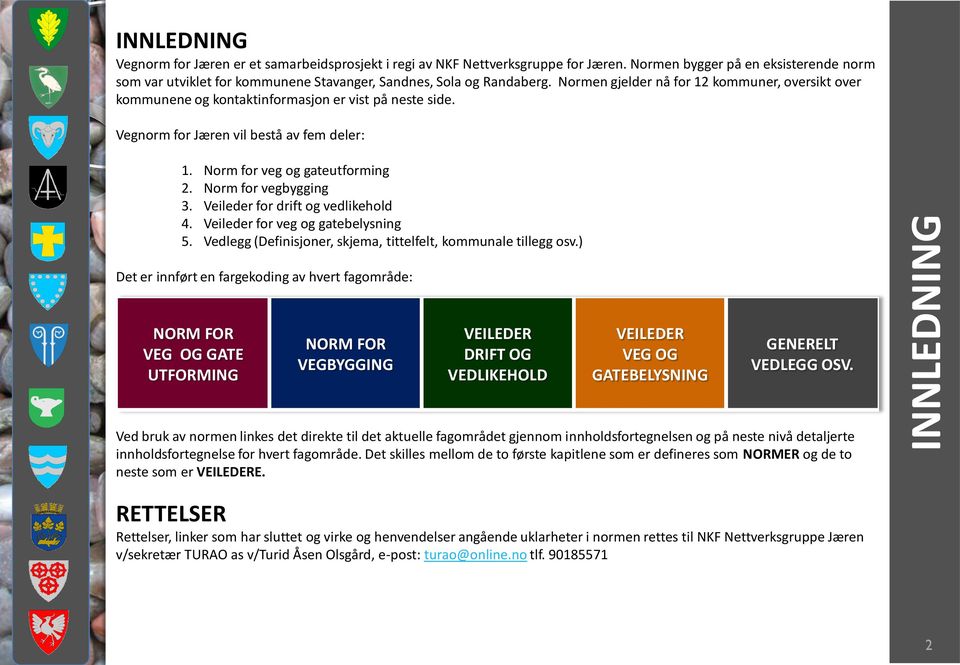 Normen gjelder nå for 12 kommuner, oversikt over kommunene og kontaktinformasjon er vist på neste side. Vegnorm for Jæren vil bestå av fem deler: 1. Norm for veg og gateutforming 2.