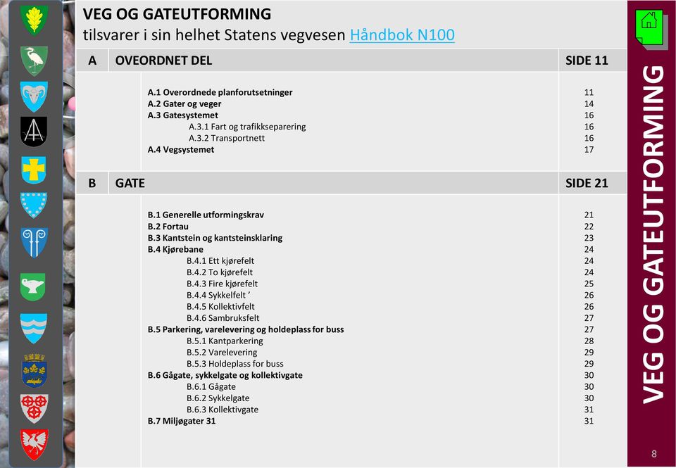 4 Kjørebane B.4.1 Ett kjørefelt B.4.2 To kjørefelt B.4.3 Fire kjørefelt B.4.4 Sykkelfelt B.4.5 Kollektivfelt B.4.6 Sambruksfelt B.5 Parkering, varelevering og holdeplass for buss B.5.1 Kantparkering B.