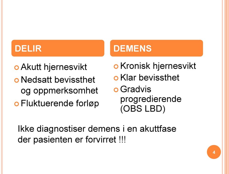 hjernesvikt Klar bevissthet Gradvis progredierende (OBS