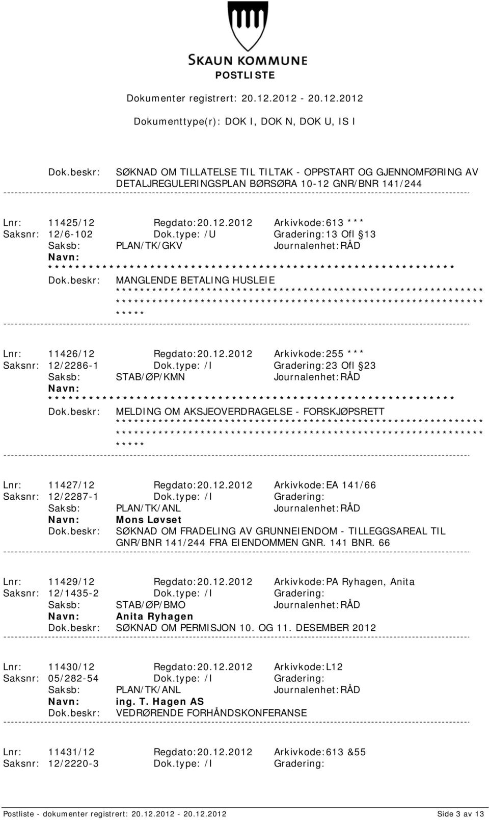 type: /I Gradering:23 Ofl 23 Saksb: STAB/ØP/KMN Journalenhet:RÅD MELDING OM AKSJEOVERDRAGELSE - FORSKJØPSRETT Lnr: 11427/12 Regdato:20.12.2012 Arkivkode:EA 141/66 Saksnr: 12/2287-1 Dok.