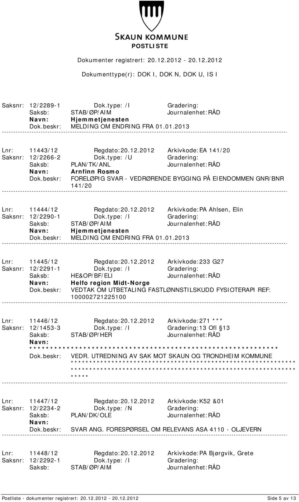 Regdato:20.12.2012 Arkivkode:PA Ahlsen, Elin Saksnr: 12/2290-1 Dok.type: /I Gradering: Saksb: STAB/ØP/AIM Journalenhet:RÅD Hjemmetjenesten MELDING OM ENDRING FRA 01.01.2013 Lnr: 11445/12 Regdato:20.