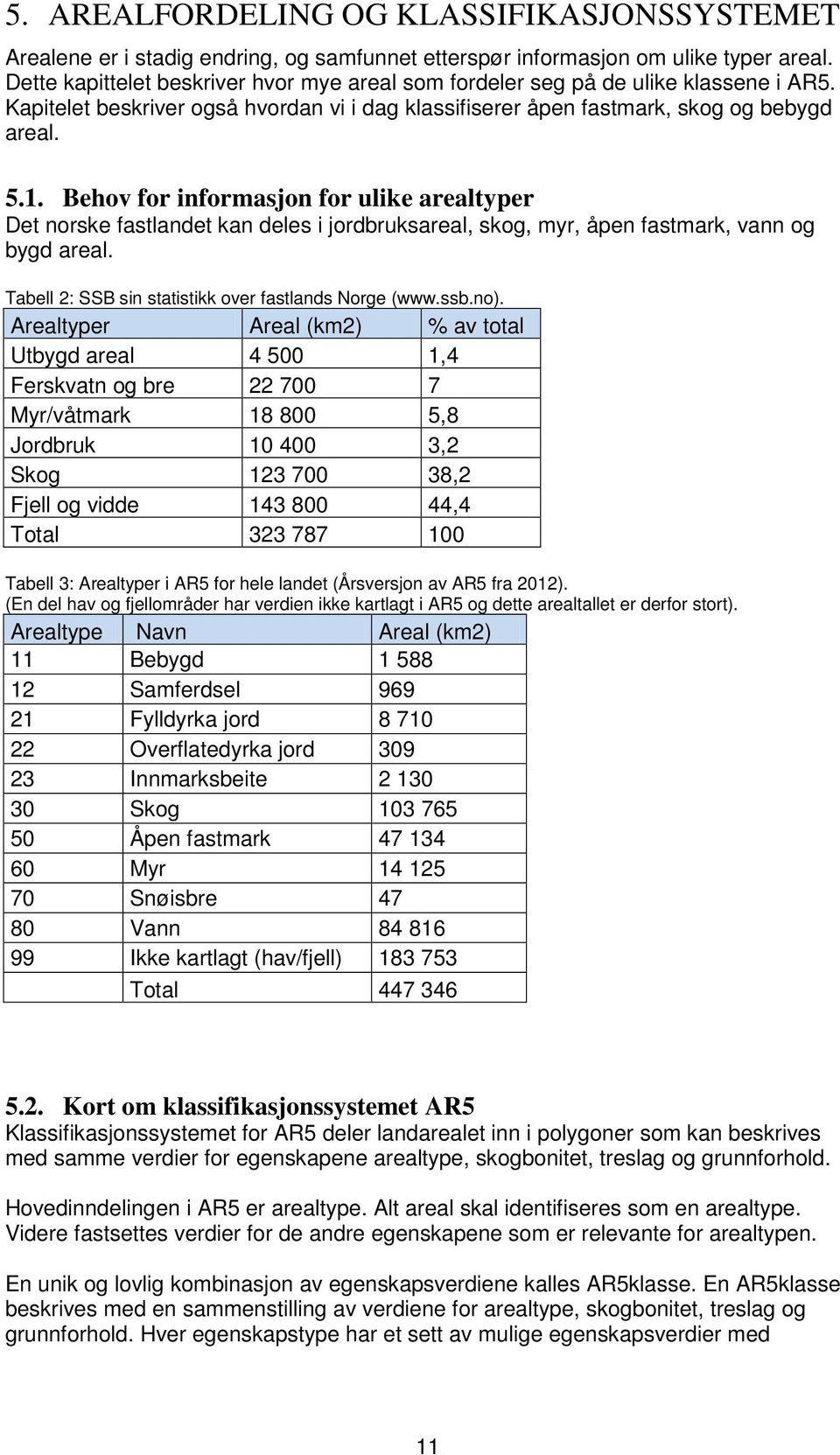 Behov for informasjon for ulike arealtyper Det norske fastlandet kan deles i jordbruksareal, skog, myr, åpen fastmark, vann og bygd areal. Tabell 2: SSB sin statistikk over fastlands Norge (www.ssb.