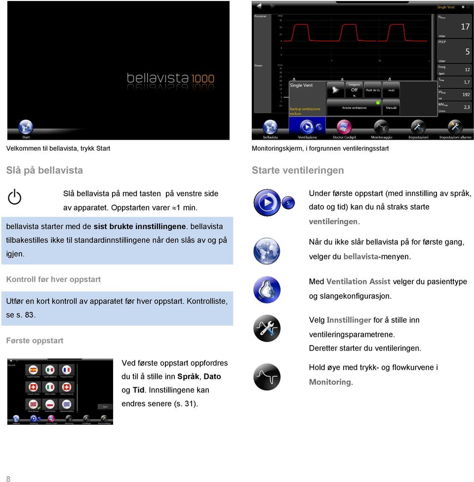 Monitoringskjerm, i forgrunnen ventileringsstart Starte ventileringen Under første oppstart (med innstilling av språk, dato og tid) kan du nå straks starte ventileringen.