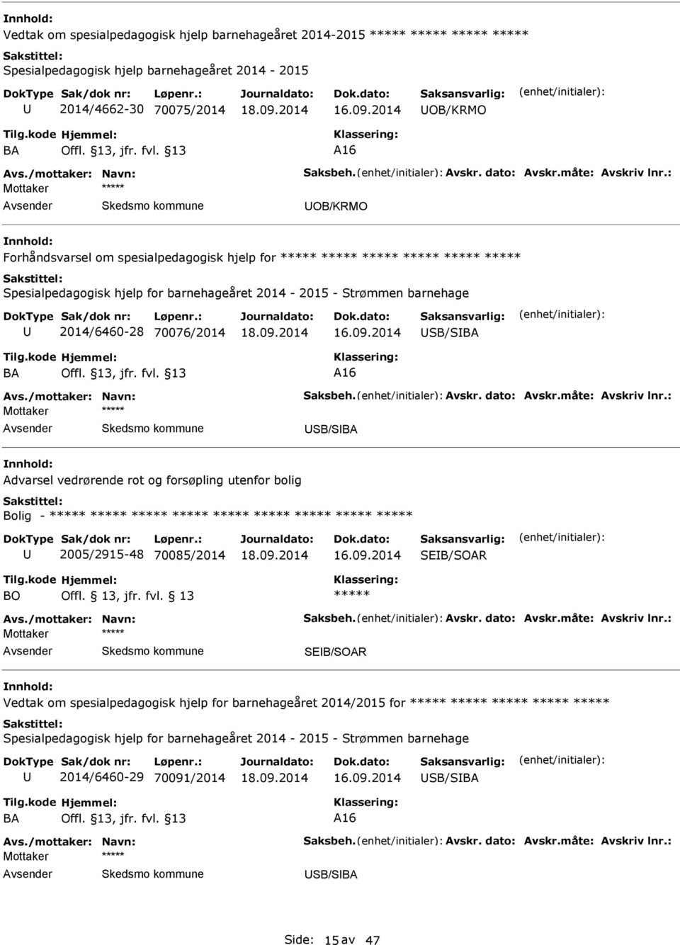 : Mottaker OB/KRMO Forhåndsvarsel om spesialpedagogisk hjelp for Spesialpedagogisk hjelp for barnehageåret 2014-2015 - Strømmen barnehage 2014/6460-28 70076/2014 SB/SB B Offl. 13, jfr. fvl. 13 16 vs.