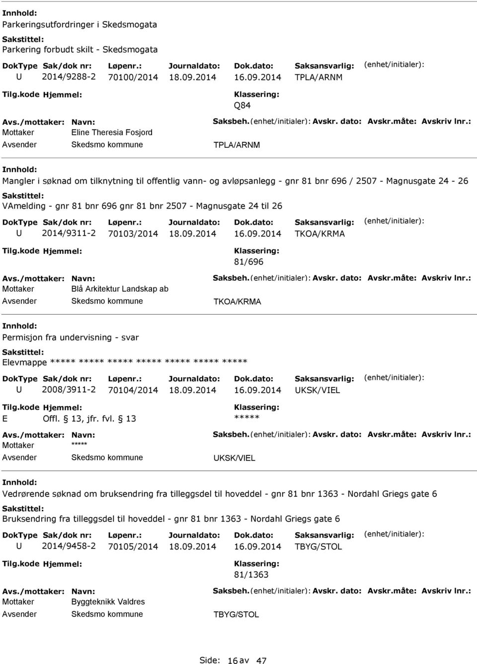 Magnusgate 24 til 26 2014/9311-2 70103/2014 TKO/KRM 81/696 vs./mottaker: Navn: Saksbeh. vskr. dato: vskr.måte: vskriv lnr.