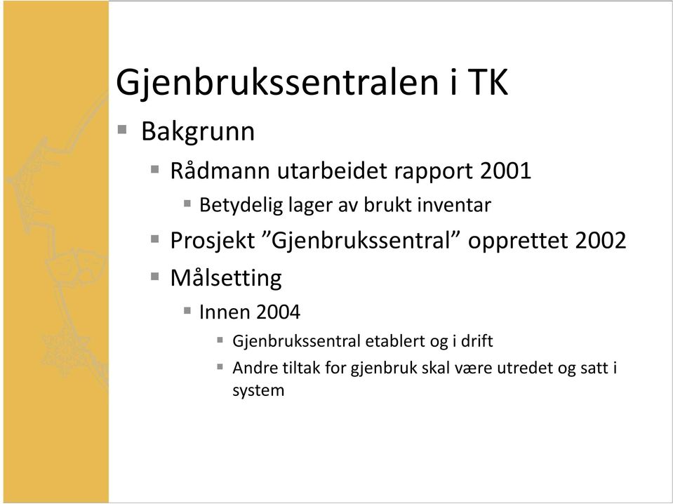 opprettet 2002 Målsetting Innen 2004 Gjenbrukssentral etablert