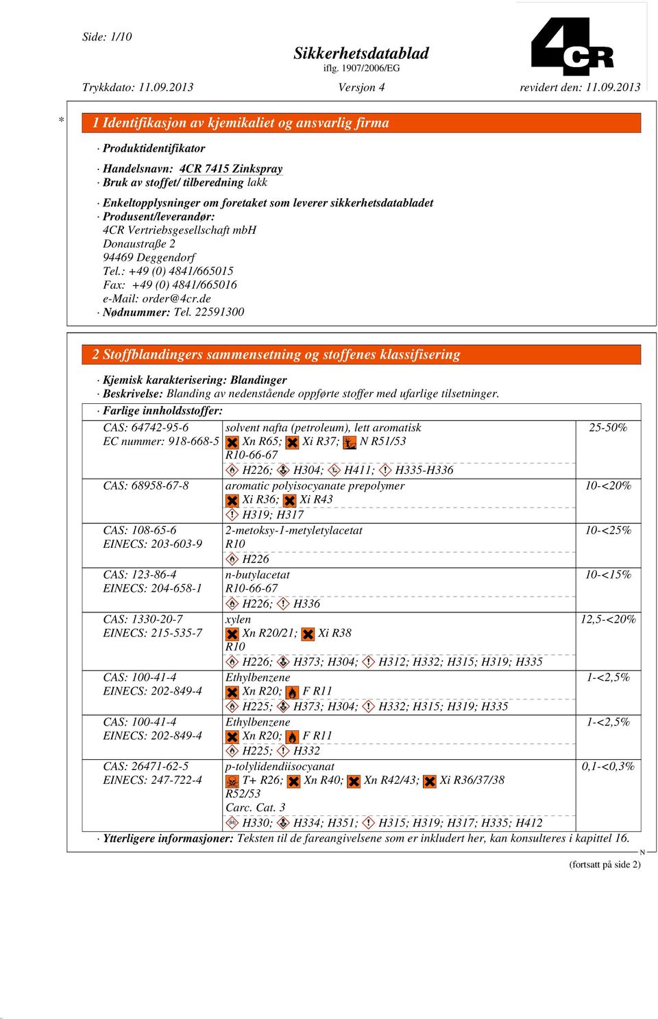 22591300 2 Stoffblandingers sammensetning og stoffenes klassifisering Kjemisk karakterisering: Blandinger Beskrivelse: Blanding av nedenstående oppførte stoffer med ufarlige tilsetninger.