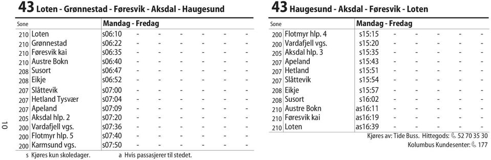 3 s15:35 - - - - - 210 Austre Bokn s06:40 - - - - - - 207 Apeland s15:43 - - - - - 208 Susort s06:47 - - - - - - 207 Hetland s15:51 - - - - - 208 Eikje s06:52 - - - - - - 207 Slåttevik s15:54 - - - -