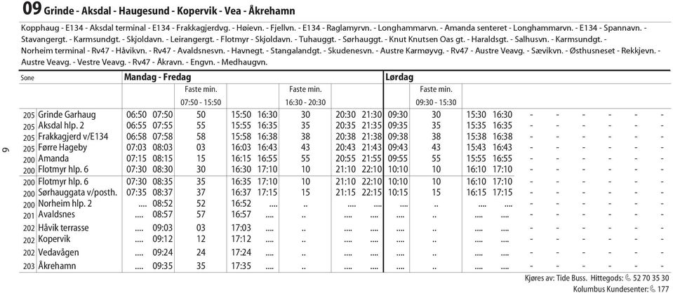 - Salhusvn. - Karmsundgt. - Norheim terminal - Rv47 - Håvikvn. - Rv47 - Avaldsnesvn. - Havnegt. - Stangalandgt. - Skudenesvn. - Austre Karmøyvg. - Rv47 - Austre Veavg. - Sævikvn.