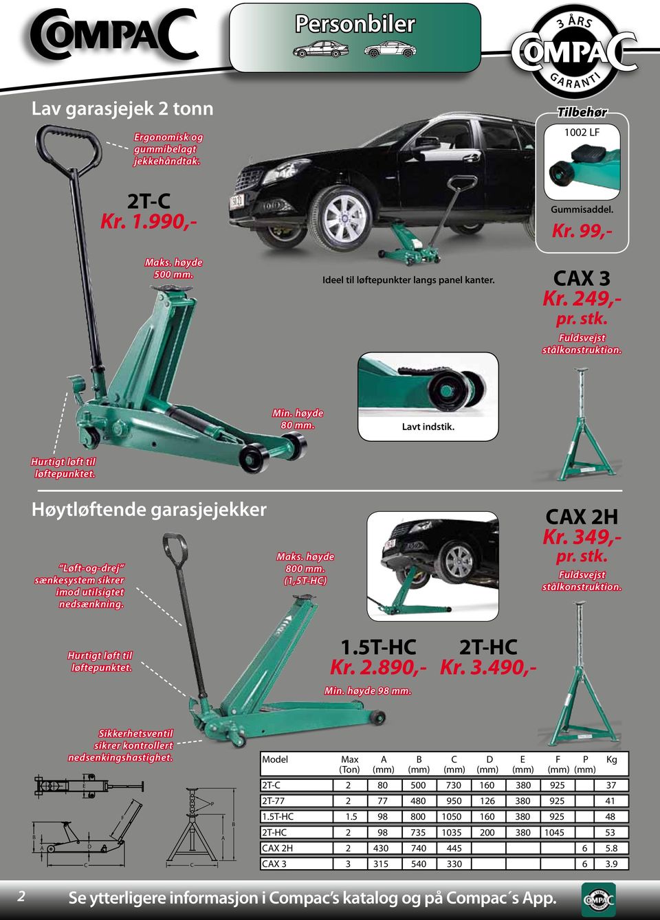 høyde 800 mm. (1,5T-H) X 2H Kr. 349,- pr. stk. Fuldsvejst stålkonstruktion. Hurtigt løft til løftepunktet. 1.5T-H Kr. 2.890,- Min. høyde 98 mm. 2T-H Kr. 3.490,- Sikkerhetsventil sikrer kontrollert nedsenkingshastighet.