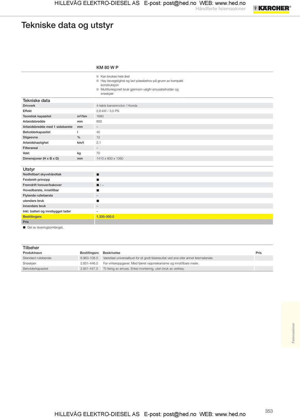 Stigeevne % 12 Arbeidshastighet km/t 2,1 Filterareal Vekt kg 70 Dimensjoner (H x B x D) mm 1410 x 800 x 1060 Utstyr Nedfellbart skyvehåndtak Feiebrett-prinsipp Fremdrift forover/bakover /