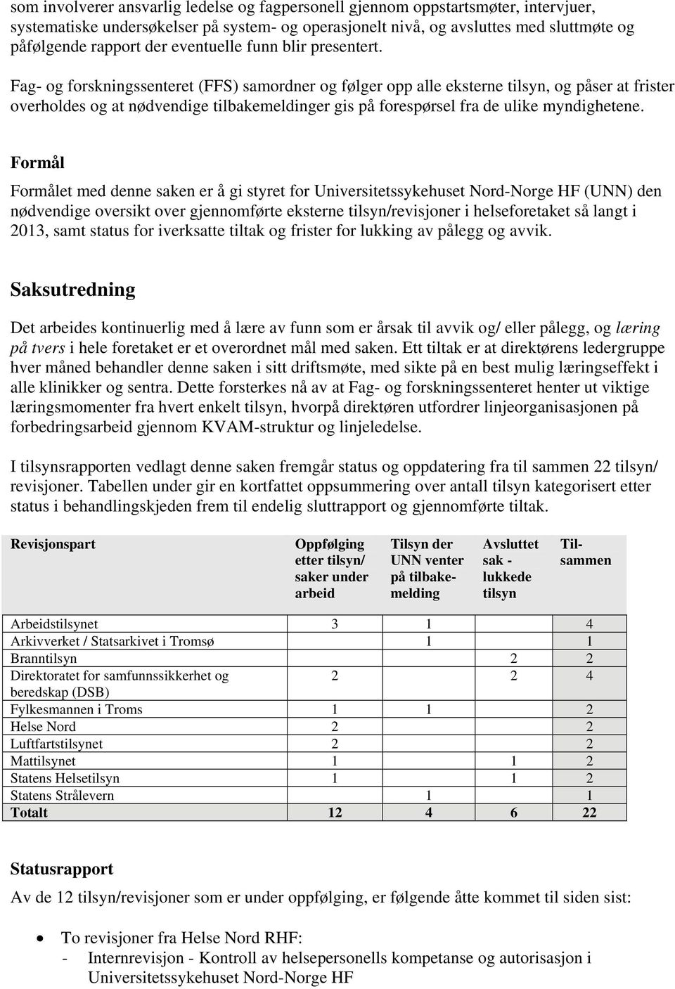 Fag- og forskningssenteret (FFS) samordner og følger opp alle eksterne tilsyn, og påser at frister overholdes og at nødvendige tilbakemeldinger gis på forespørsel fra de ulike myndighetene.