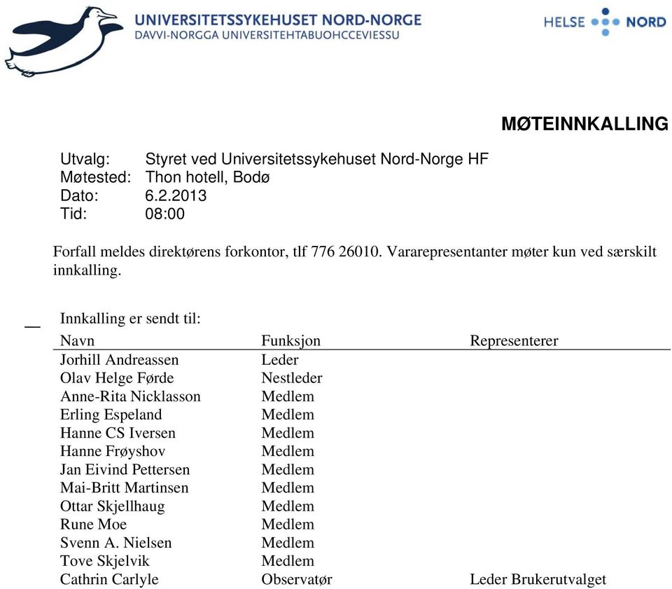 Innkalling er sendt til: Navn Funksjon Representerer Jorhill Andreassen Leder Olav Helge Førde Nestleder Anne-Rita Nicklasson Medlem Erling Espeland