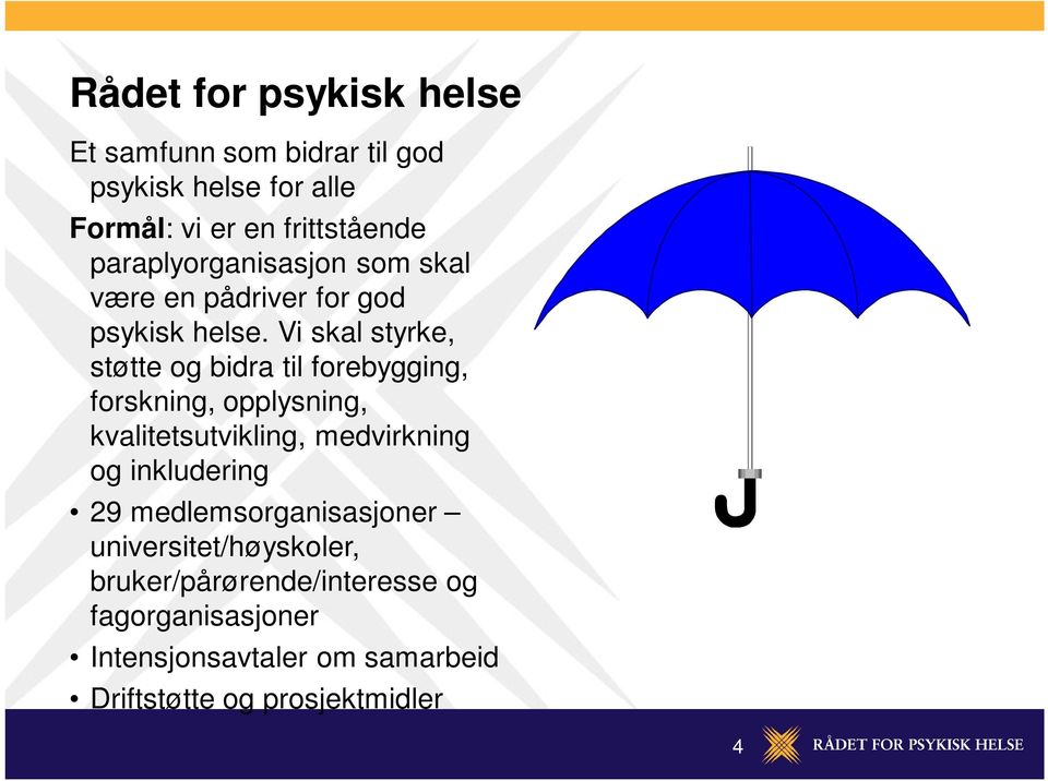 Vi skal styrke, støtte og bidra til forebygging, forskning, opplysning, kvalitetsutvikling, medvirkning og