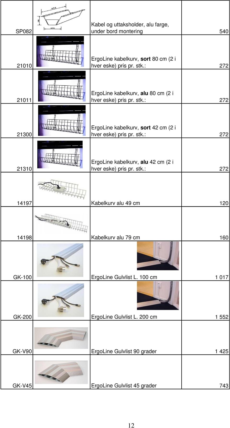 stk.: 272 14197 Kabelkurv alu 49 cm 120 14198 Kabelkurv alu 79 cm 160 GK-100 ErgoLine Gulvlist L. 100 cm 1 017 GK-200 ErgoLine Gulvlist L.