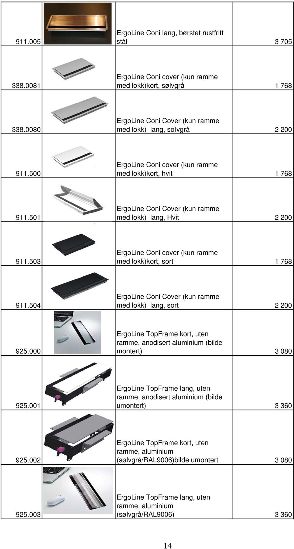 504 ErgoLine Coni Cover (kun ramme med lokk) lang, sort 2 200 925.000 ErgoLine TopFrame kort, uten ramme, anodisert aluminium (bilde montert) 3 080 925.