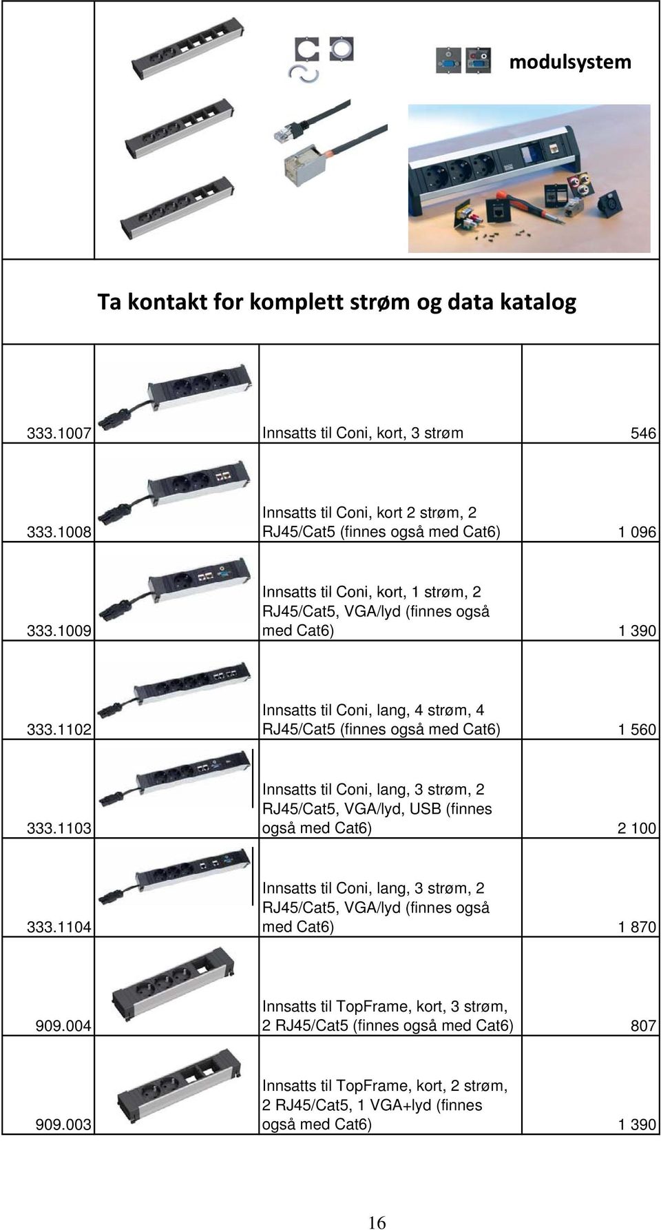 1102 Innsatts til Coni, lang, 4 strøm, 4 RJ45/Cat5 (finnes også med Cat6) 1 560 333.1103 Innsatts til Coni, lang, 3 strøm, 2 RJ45/Cat5, VGA/lyd, USB (finnes også med Cat6) 2 100 333.