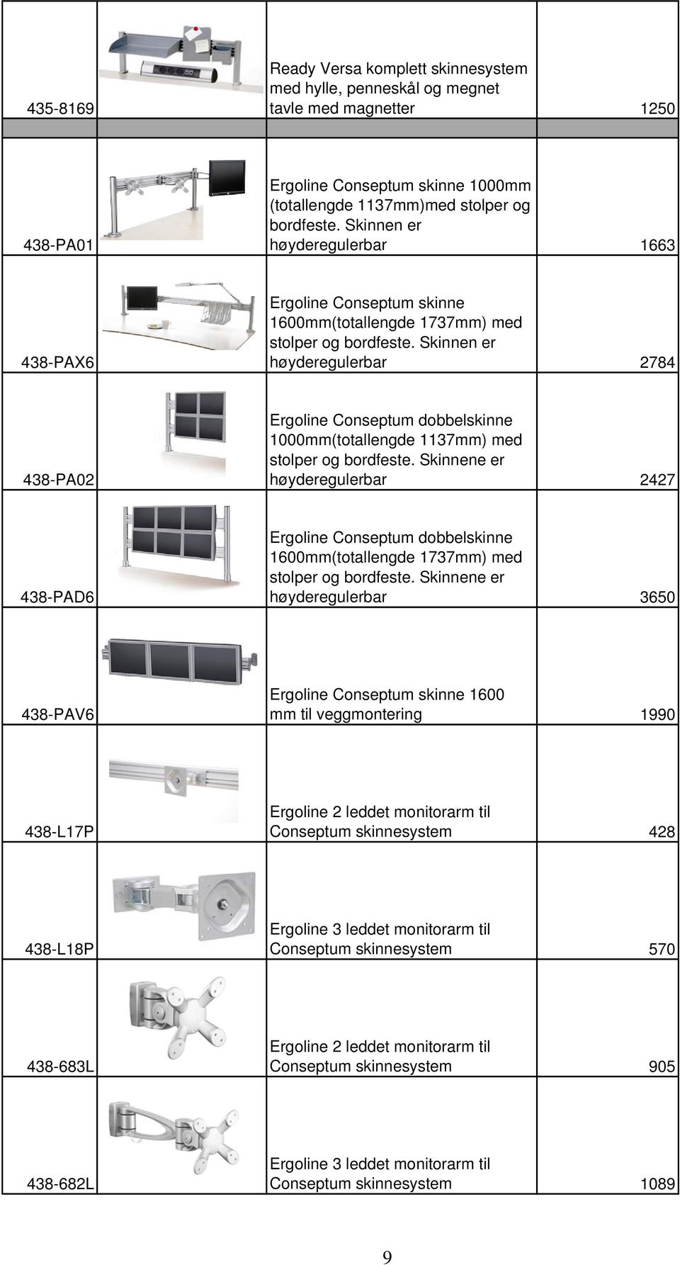 Skinnen er høyderegulerbar 2784 438-PA02 Ergoline Conseptum dobbelskinne 1000mm(totallengde 1137mm) med stolper og bordfeste.