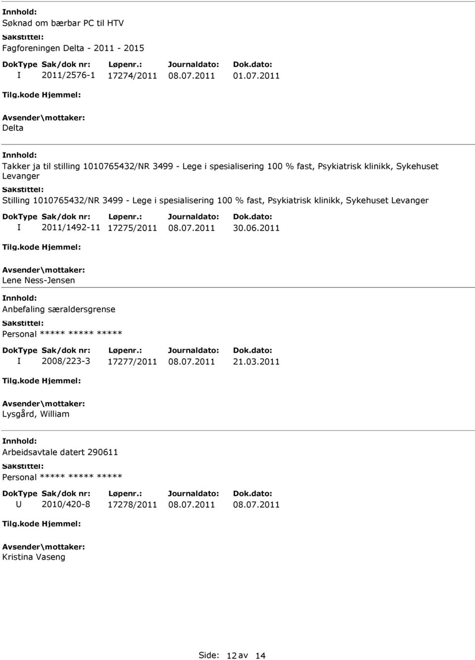 1010765432/NR 3499 - Lege i spesialisering 100 % fast, Psykiatrisk klinikk, Sykehuset Levanger 2011/1492-11 17275/2011 30.06.