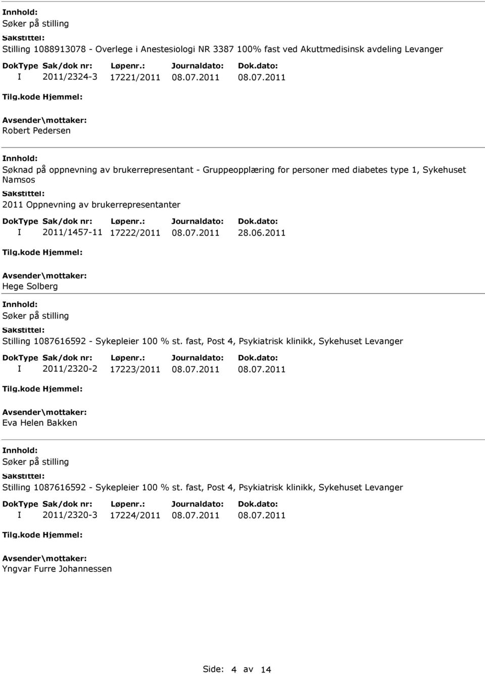 personer med diabetes type 1, Sykehuset Namsos 2011 Oppnevning av brukerrepresentanter 2011/1457-11 17222/2011