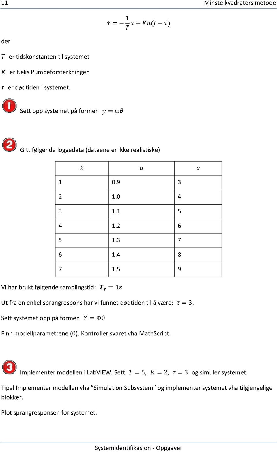 5 9 Vi har brukt følgende samplingstid: Ut fra en enkel sprangrespons har vi funnet dødtiden til å være:. Sett systemet opp på formen Finn modellparametrene ( ).