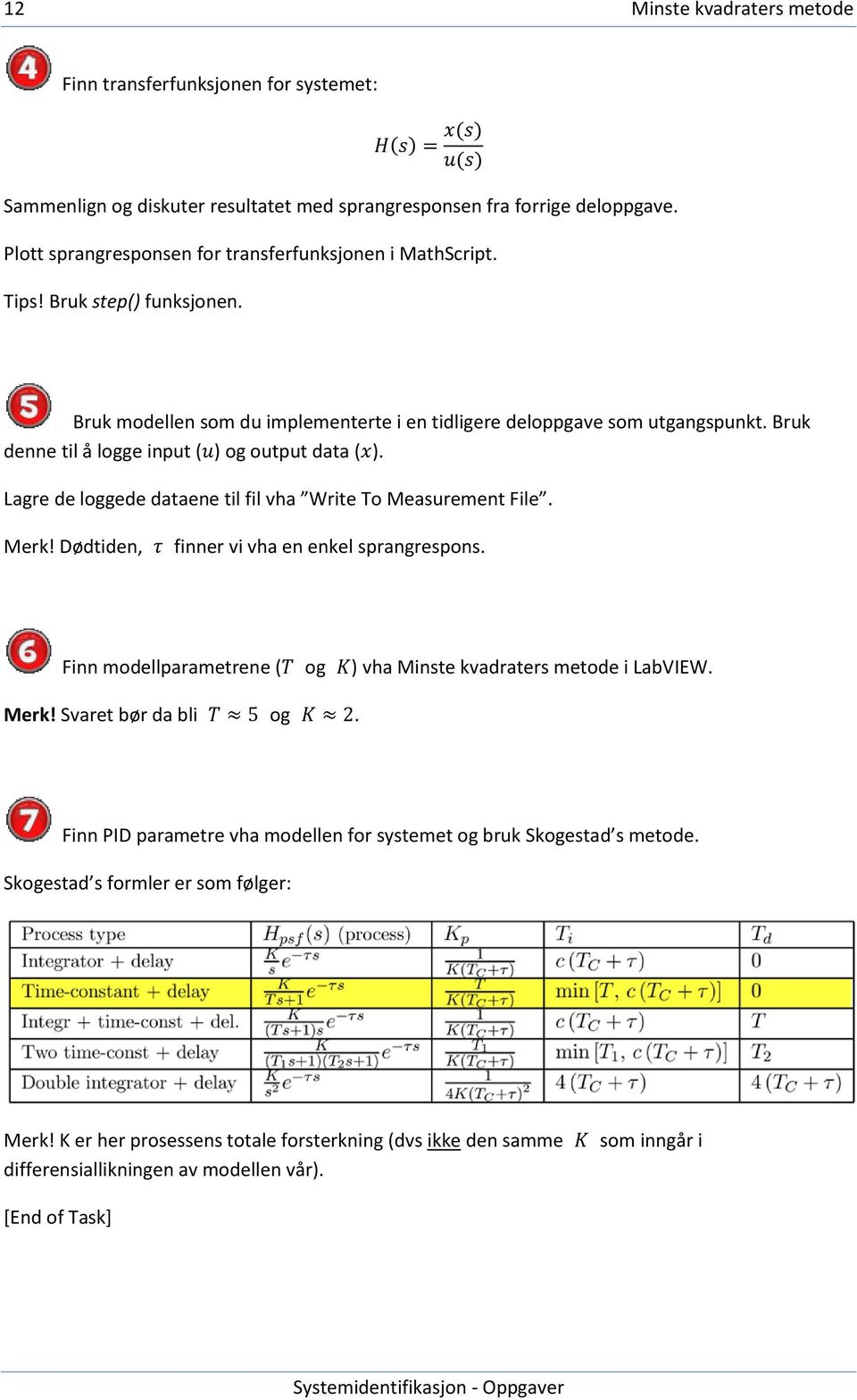 Bruk denne til å logge input ( ) og output data ( ). Lagre de loggede dataene til fil vha Write To Measurement File. Merk! Dødtiden, finner vi vha en enkel sprangrespons.