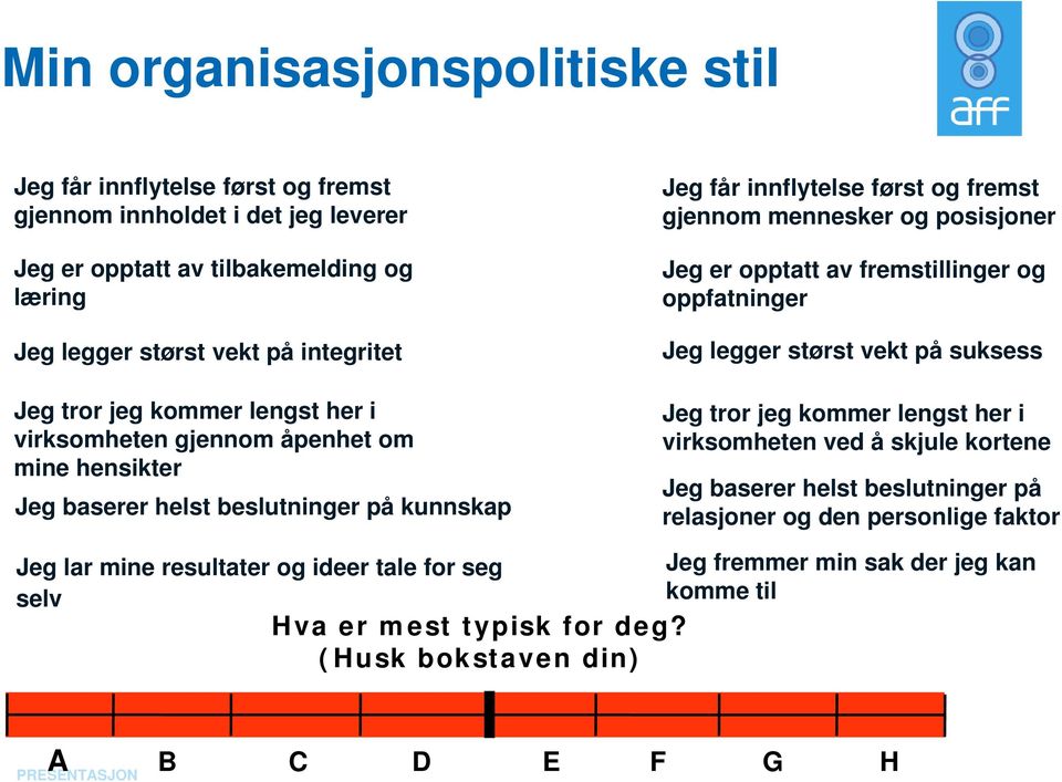 er opptatt av fremstillinger og oppfatninger Jeg legger størst vekt på suksess Jeg tror jeg kommer lengst her i virksomheten ved å skjule kortene Jeg baserer helst beslutninger på relasjoner