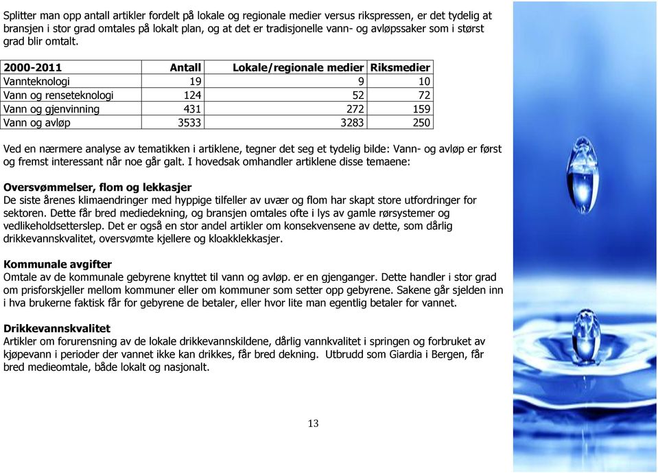 2000-2011 Antall Lokale/regionale medier Riksmedier Vannteknologi 19 9 10 Vann og renseteknologi 124 52 72 Vann og gjenvinning 431 272 159 Vann og avløp 3533 3283 250 Ved en nærmere analyse av