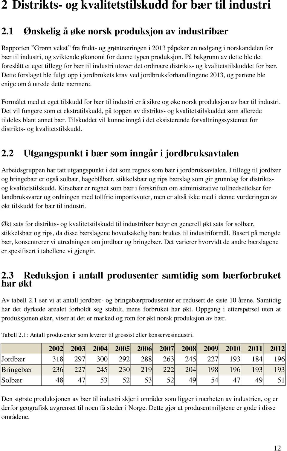 produksjon. På bakgrunn av dette ble det foreslått et eget tillegg for bær til industri utover det ordinære distrikts- og kvalitetstilskuddet for bær.