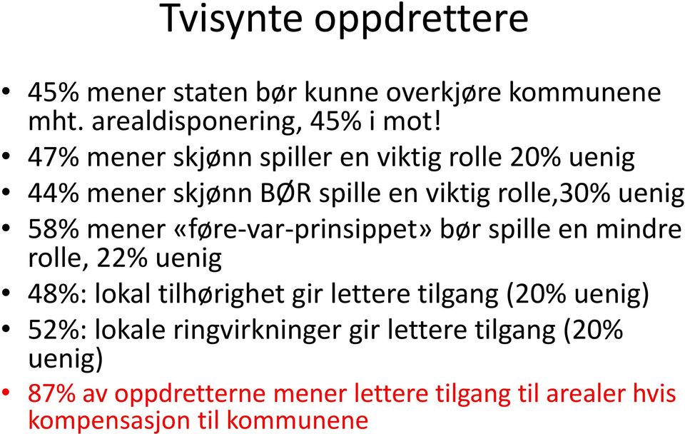 «føre-var-prinsippet» bør spille en mindre rolle, 22% uenig 48%: lokal tilhørighet gir lettere tilgang (20% uenig)