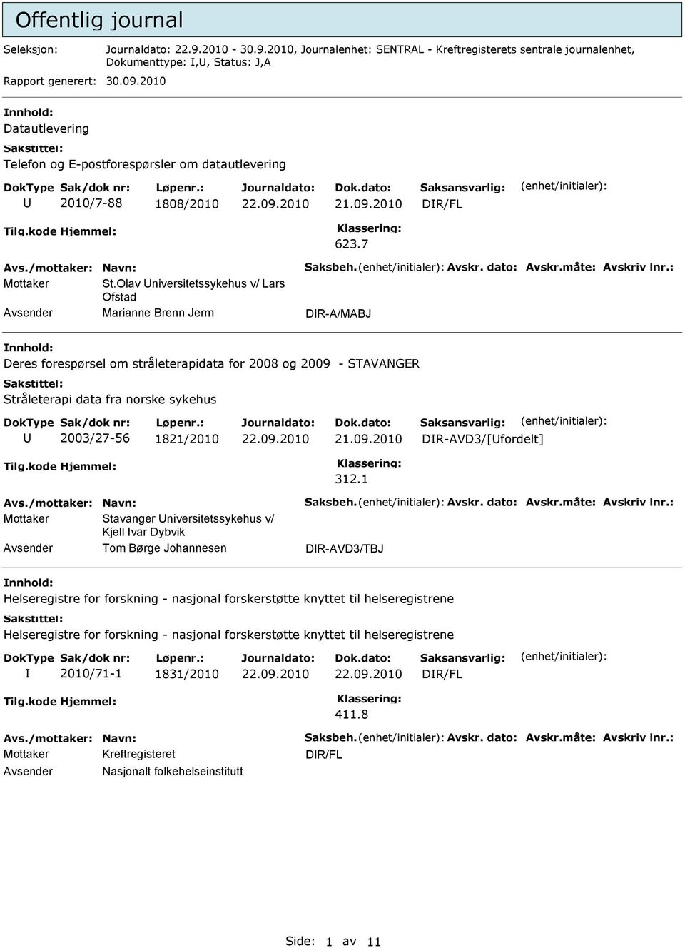 Olav niversitetssykehus v/ Lars Ofstad Marianne Brenn Jerm DR-A/MABJ Deres forespørsel om stråleterapidata for 2008 og 2009 - STAVANGER Stråleterapi data fra norske sykehus 2003/27-56