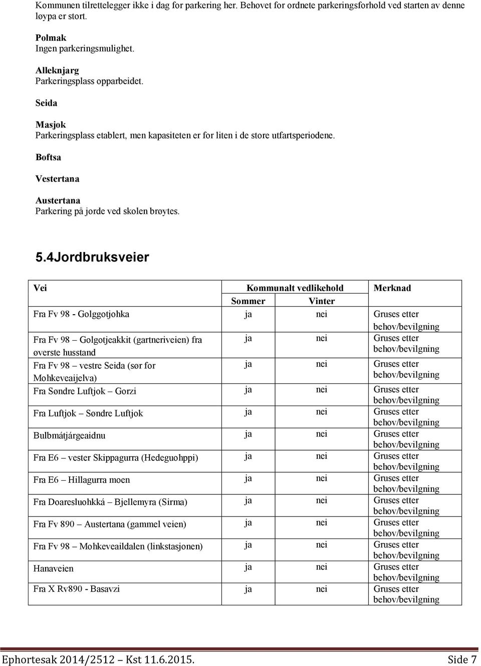 4Jordbruksveier Vei Kommunalt vedlikehold Merknad Sommer Vinter Fra Fv 98 - Golggotjohka ja nei Gruses etter Fra Fv 98 Golgotjeakkit (gartneriveien) fra ja nei Gruses etter øverste husstand Fra Fv 98