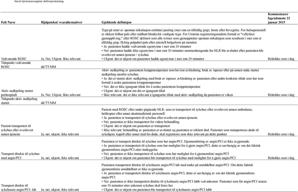 For Utsteins registreringsmalens formål er "vellykket gjenoppliving," eller ROSC definert som alle rytmer som gjenoppretter spontan sirkulasjon som resulterer i mer enn et tilfeldig gisp, flyktig