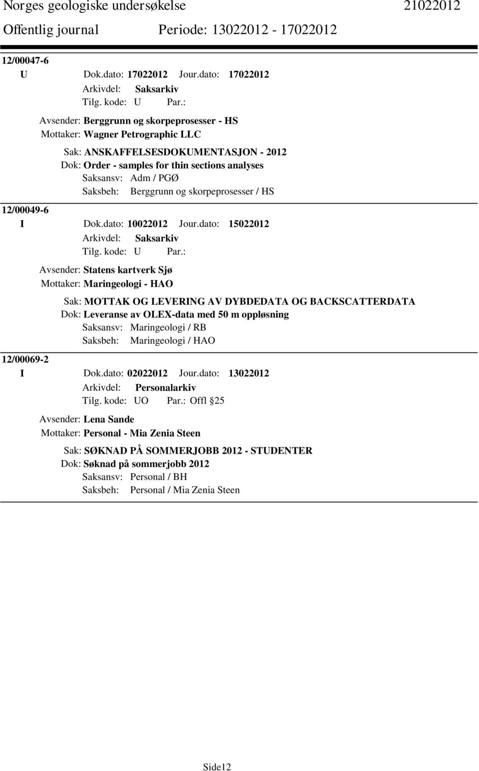 thin sections analyses Saksansv: Adm / PGØ Saksbeh: Berggrunn og skorpeprosesser / HS 12/00049-6 I Dok.dato: 10022012 Jour.