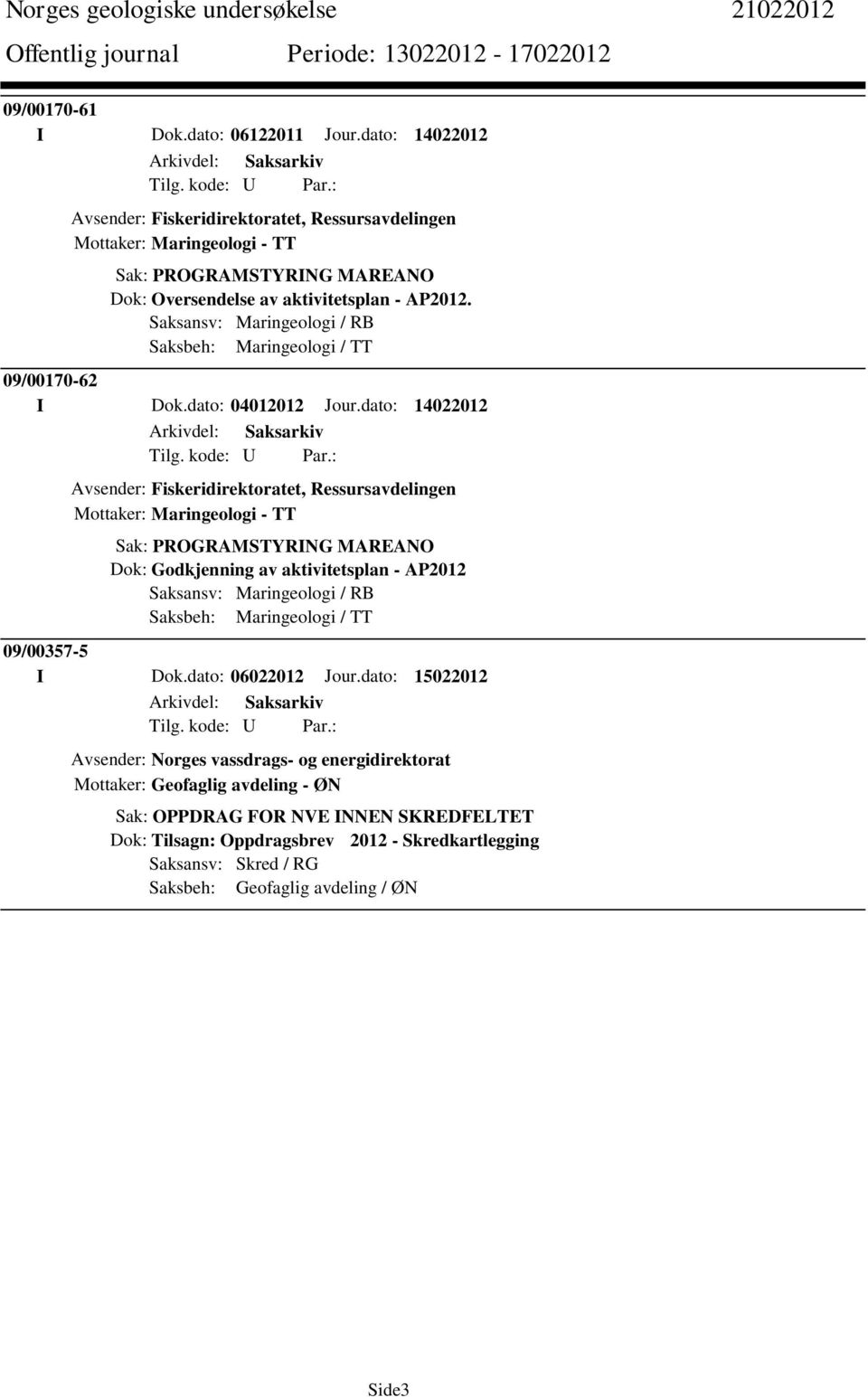 Saksansv: Maringeologi / RB Saksbeh: Maringeologi / TT 09/00170-62 I Dok.dato: 04012012 Jour.