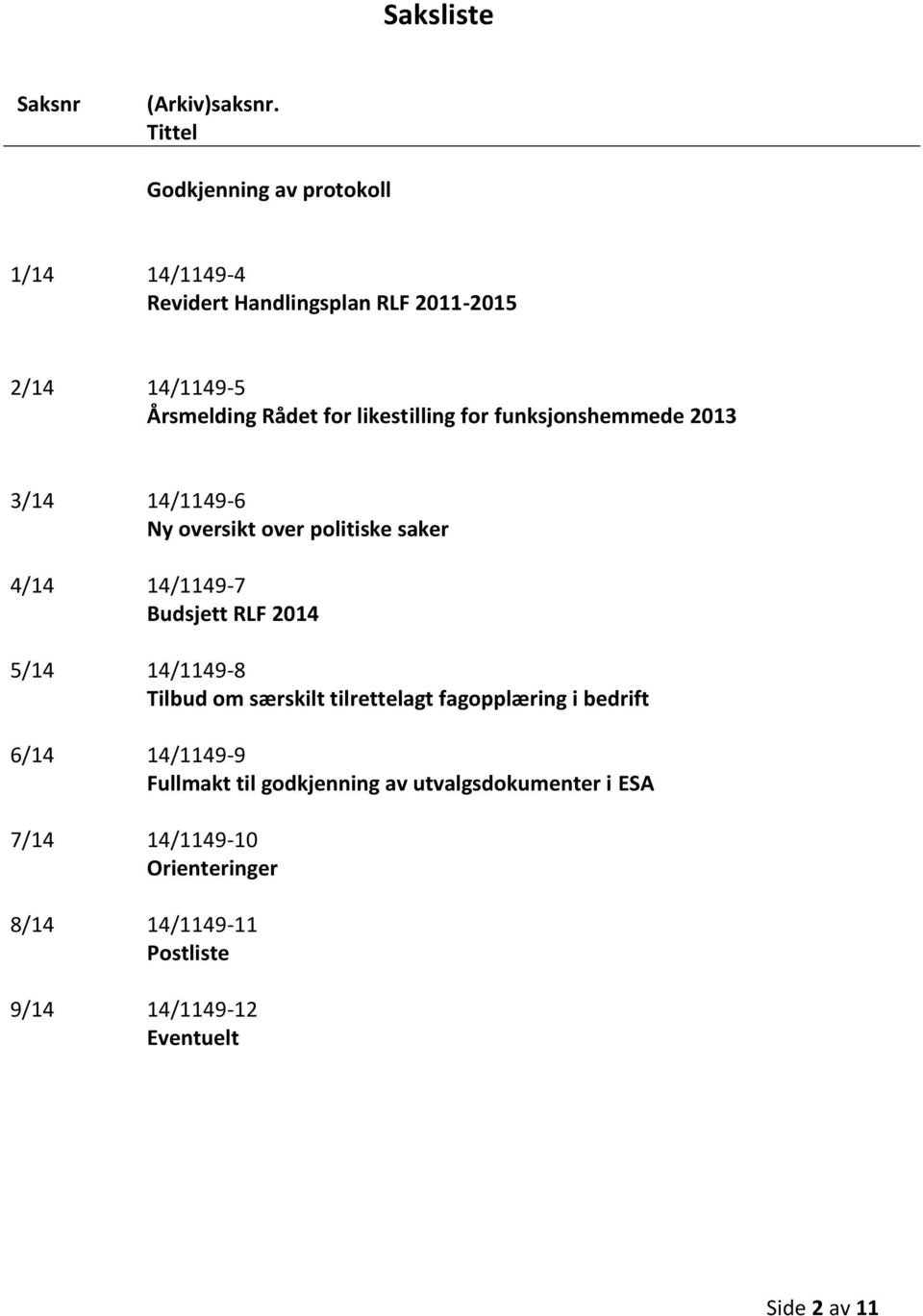 likestilling for funksjonshemmede 2013 3/14 14/1149-6 Ny oversikt over politiske saker 4/14 14/1149-7 Budsjett RLF 2014 5/14