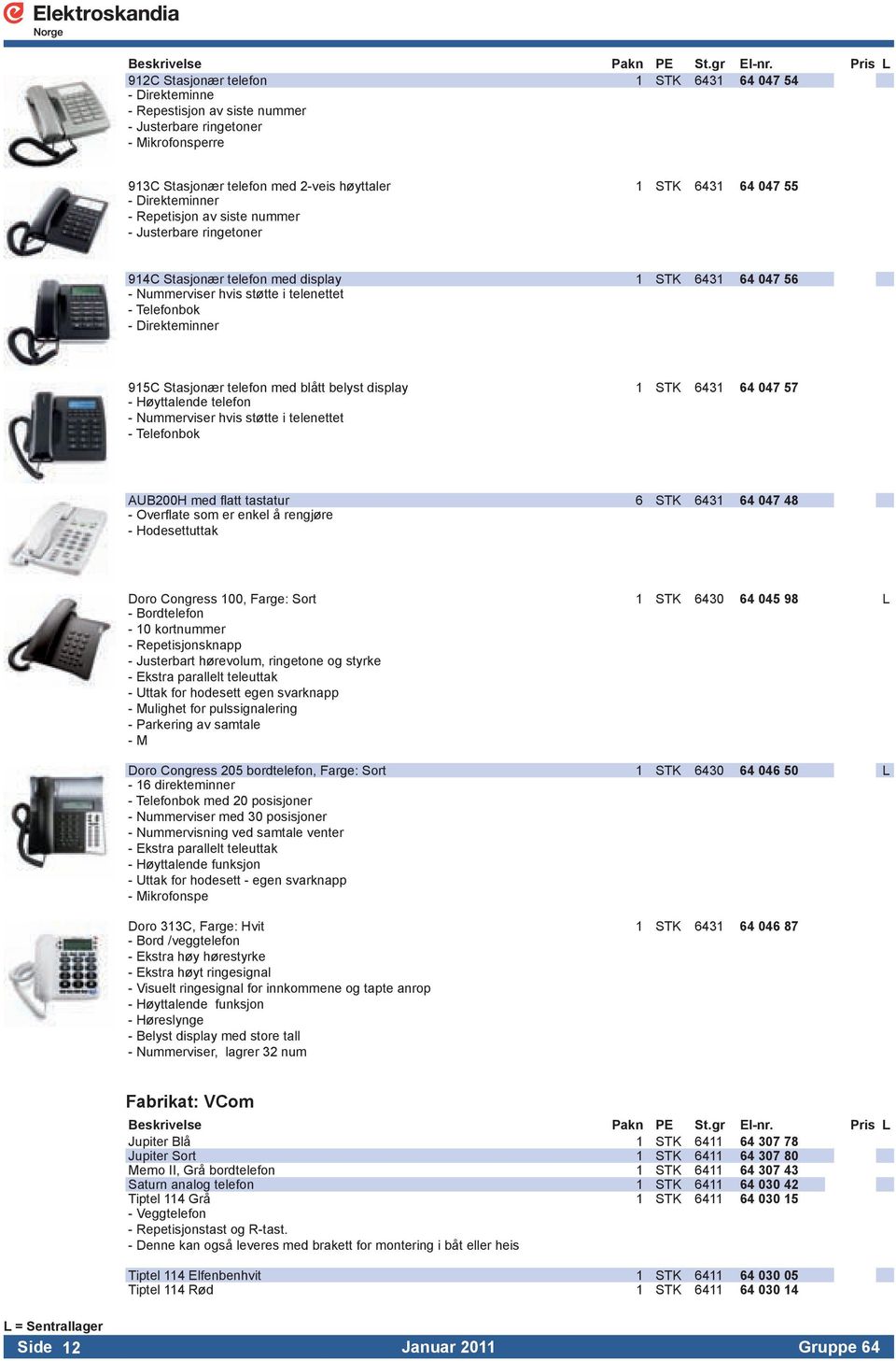 Stasjonær telefon med blått belyst display 1 STK 6431 64 047 57 - Høyttalende telefon - Nummerviser hvis støtte i telenettet - Telefonbok AUB200H med flatt tastatur 6 STK 6431 64 047 48 - Overflate