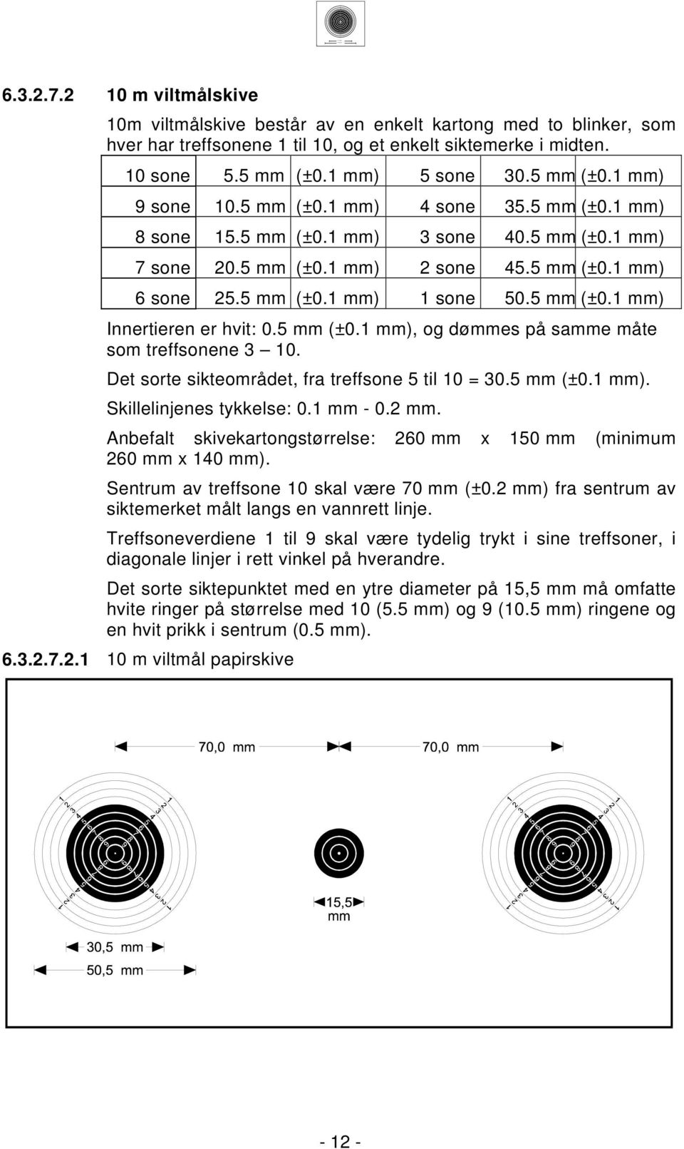 Det sorte sikteområdet, fra treffsone til 0 = 0. mm (±0. mm). Skillelinjenes tykkelse: 0. mm - 0. mm. Anbefalt skivekartongstørrelse: 0 mm x 0 mm (minimum 0 mm x 0 mm).