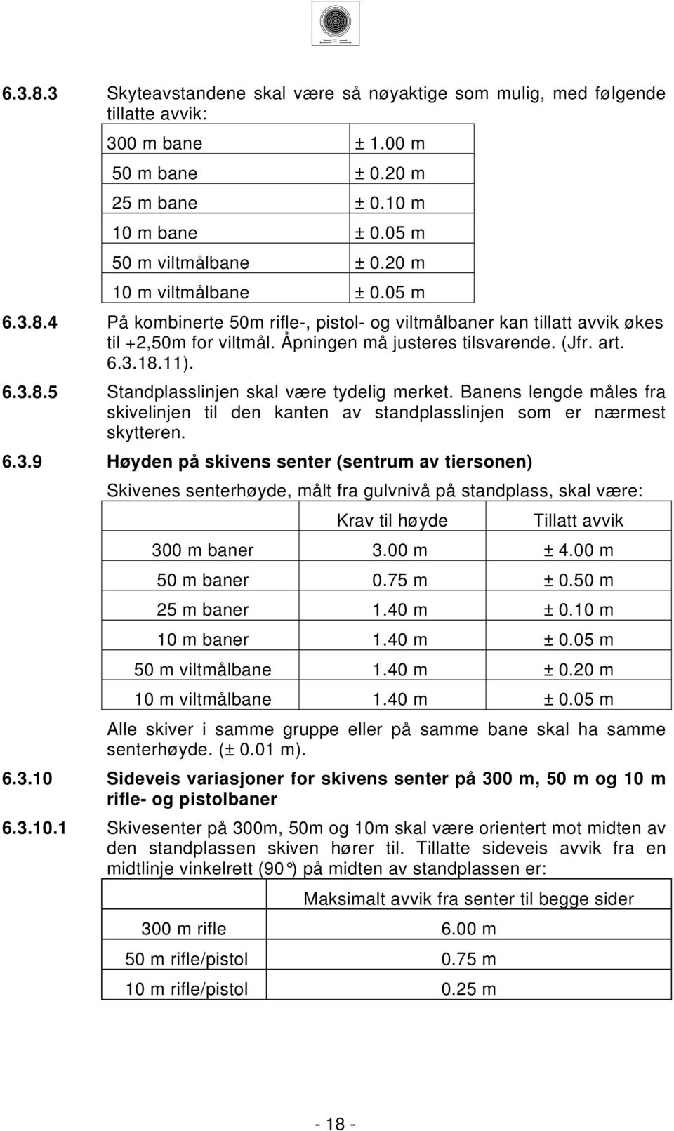 ..9 Høyden på skivens senter (sentrum av tiersonen) Skivenes senterhøyde, målt fra gulvnivå på standplass, skal være: Krav til høyde Tillatt avvik 00 m baner.00 m ±.00 m 0 m baner 0. m ± 0.