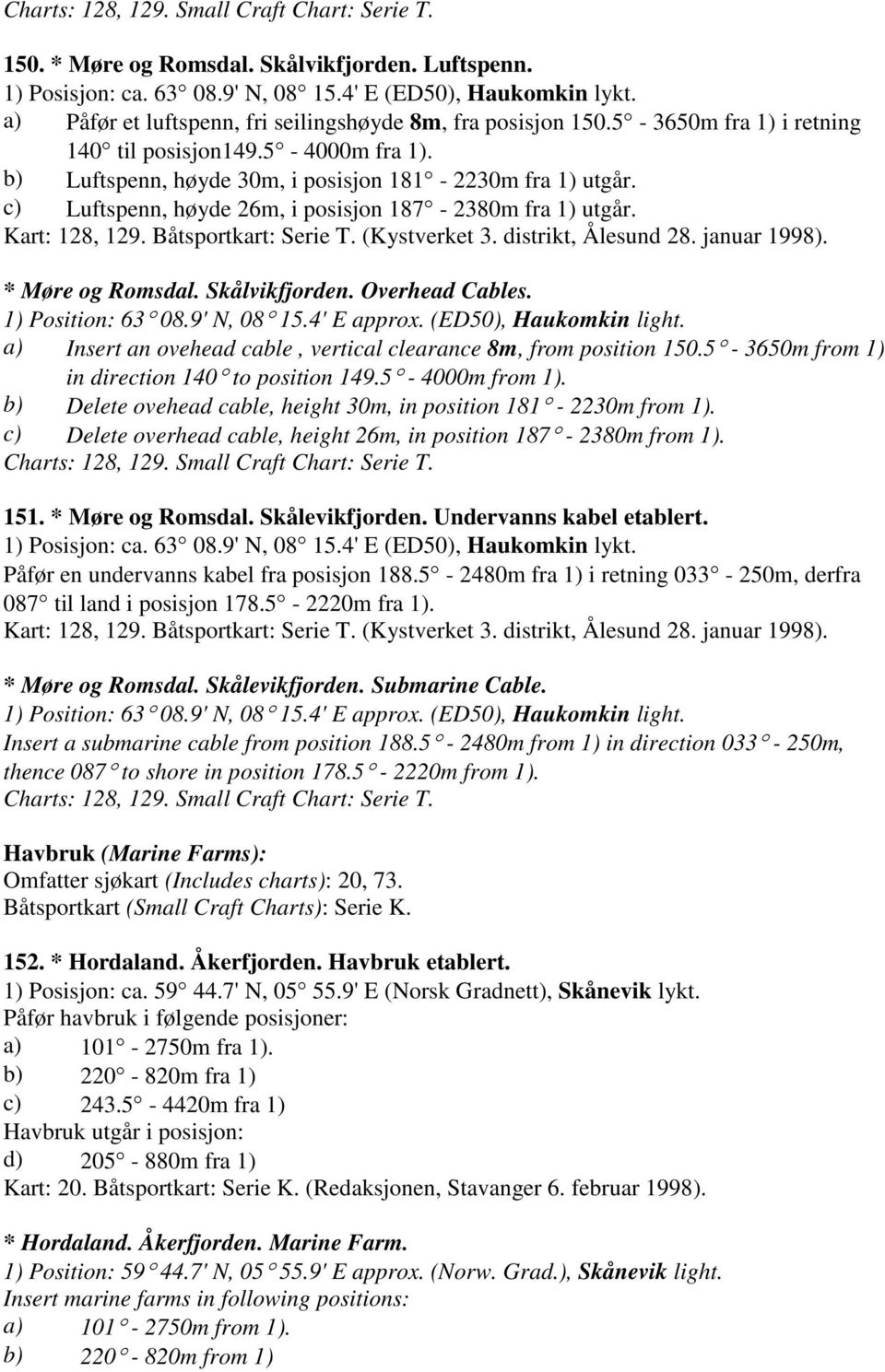 c) Luftspenn, høyde 26m, i posisjon 187-2380m fra 1) utgår. Kart: 128, 129. Båtsportkart: Serie T. (Kystverket 3. distrikt, Ålesund 28. januar 1998). * Møre og Romsdal. Skålvikfjorden.