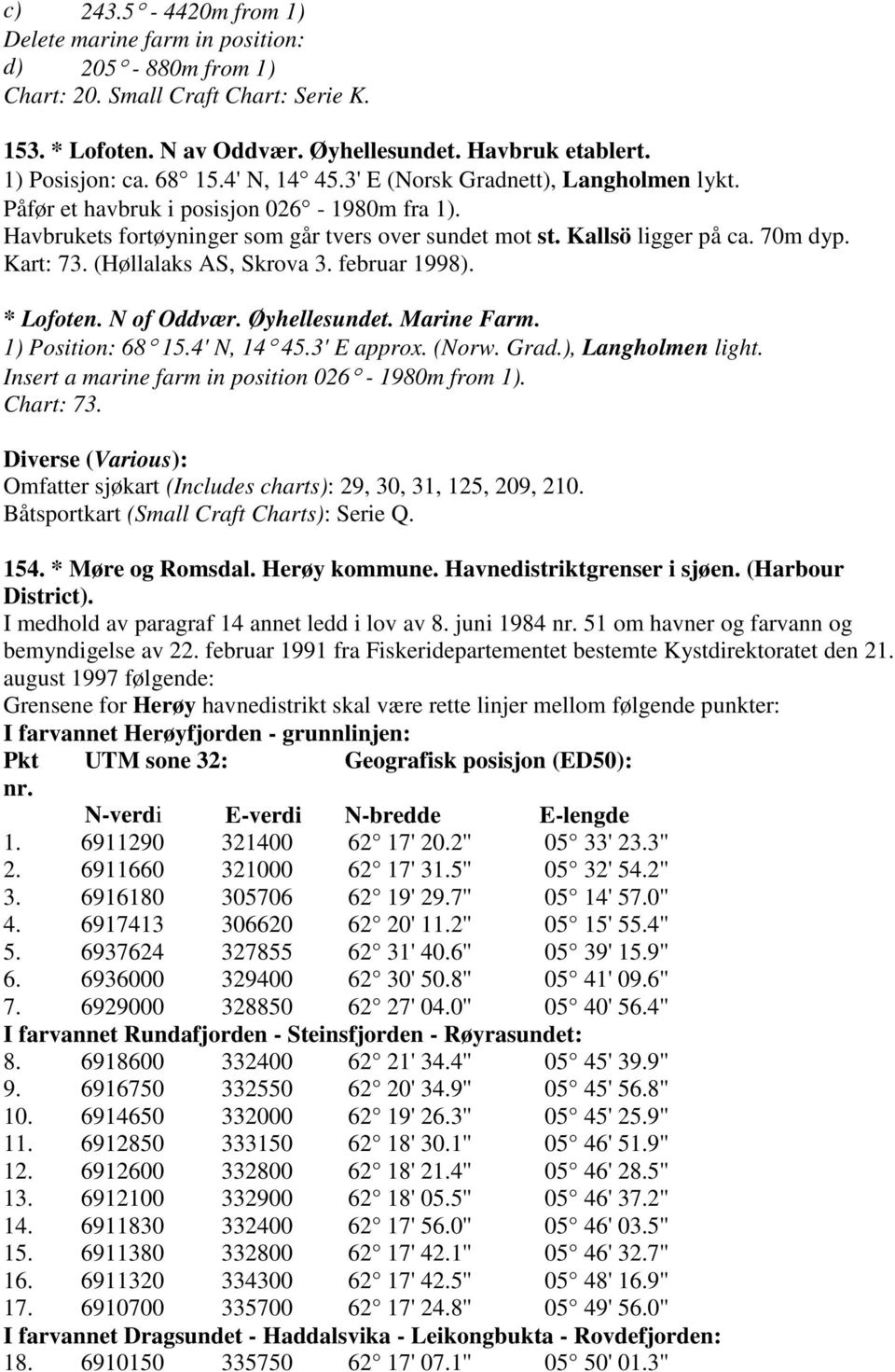 (Høllalaks AS, Skrova 3. februar 1998). * Lofoten. N of Oddvær. Øyhellesundet. Marine Farm. 1) Position: 68 15.4' N, 14 45.3' E approx. (Norw. Grad.), Langholmen light.