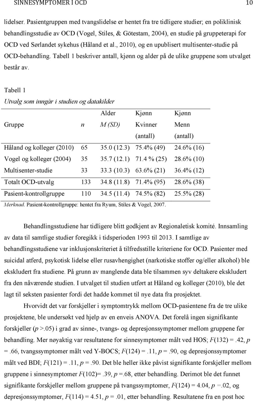 sykehus (Håland et al., 2010), og en upublisert multisenter-studie på OCD-behandling. Tabell 1 beskriver antall, kjønn og alder på de ulike gruppene som utvalget består av.