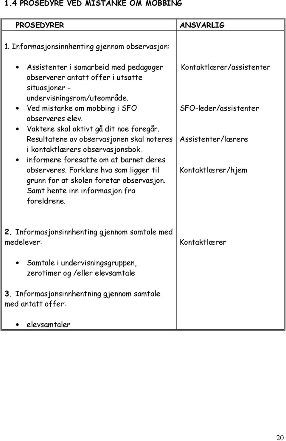 Ved mistanke om mobbing i SFO observeres elev. Vaktene skal aktivt gå dit noe foregår. Resultatene av observasjonen skal noteres i kontaktlærers observasjonsbok.